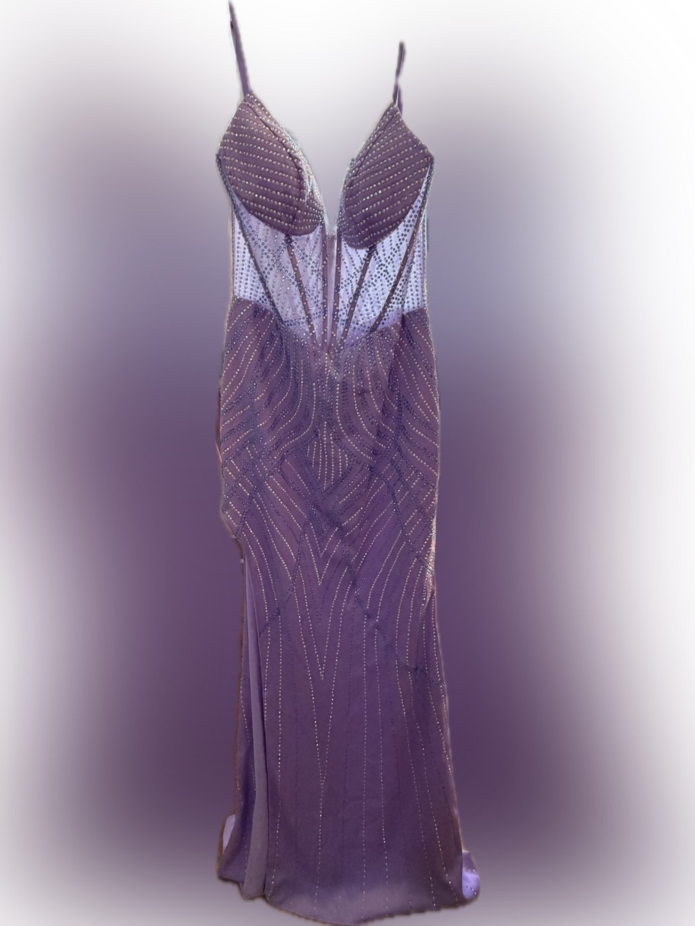 Jovani Lavender Beaded Sheer Gown